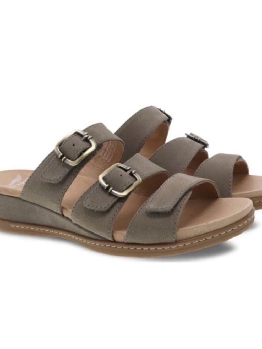 Dansko Allyson Triple Strap tan Milled Leather Slide Wedge Sandals W9, EU 40 Tan